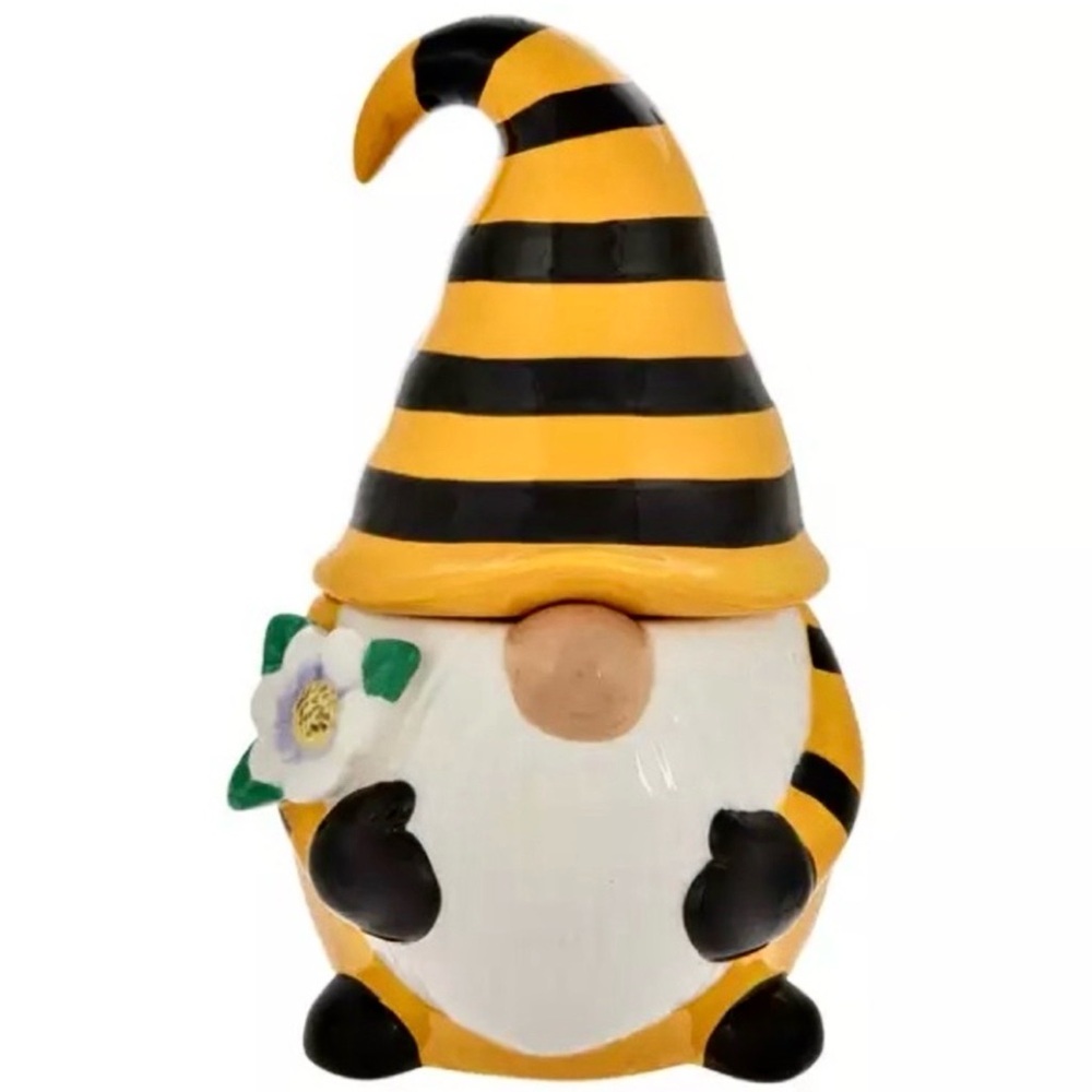 Macy's Black and Yellow Striped Gnome Cookie Jar never used been stored in box.